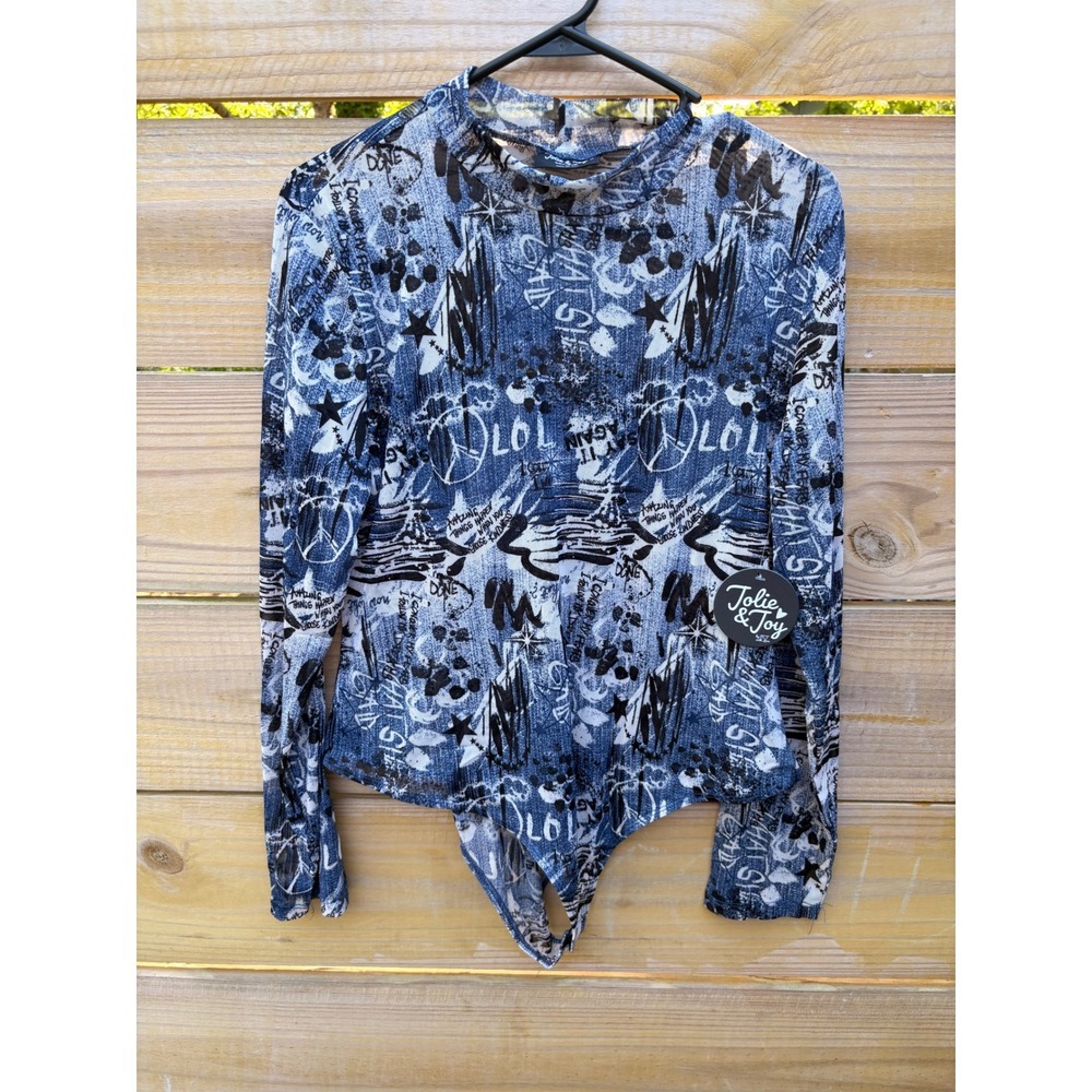 Jolie & Joy Womens 2X Blue Denim Print Graffiti Mesh Mock Neck Long Bodysuit NEW - Picture 1 of 6